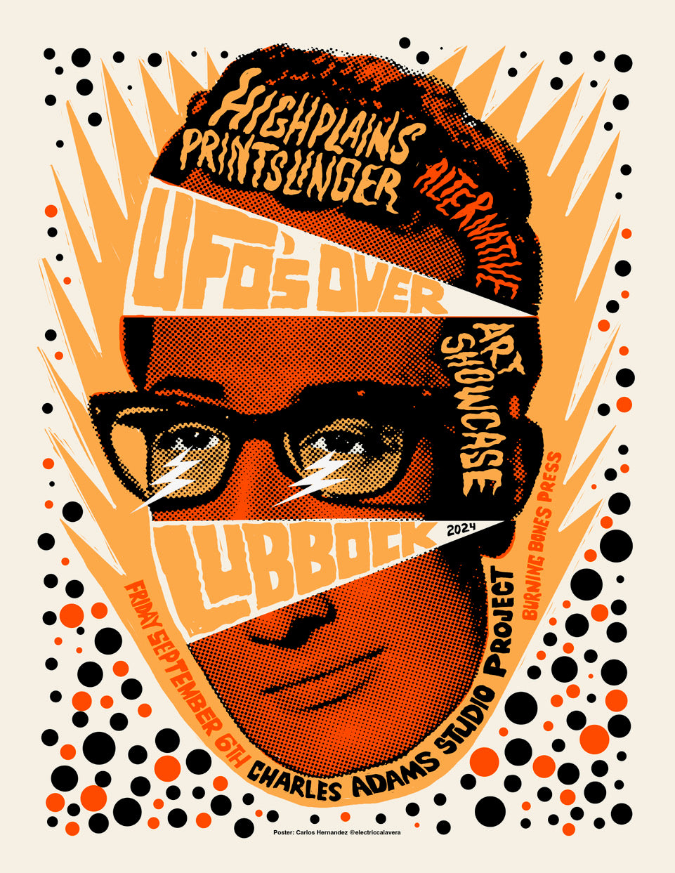 Screenprinted poster for UFO's Over Lubbock 2024 with an image of buddy holly.