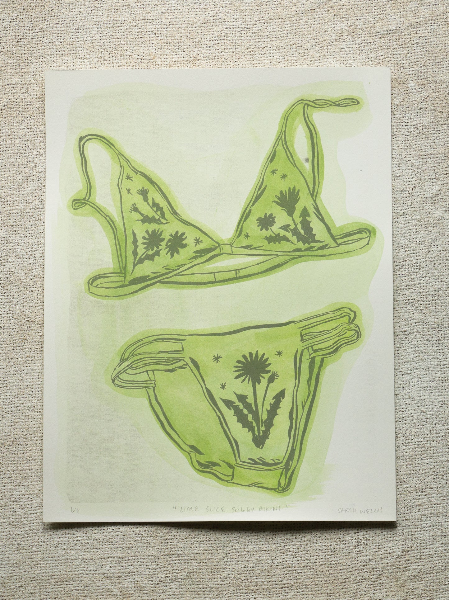 A print of a bikini set with floral designs and green washy color. Lime slice version.