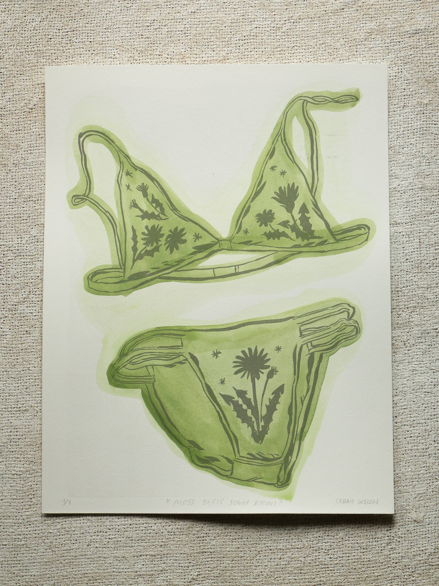 A print of a bikini set with floral designs and green washy color. Moss Oasis version.