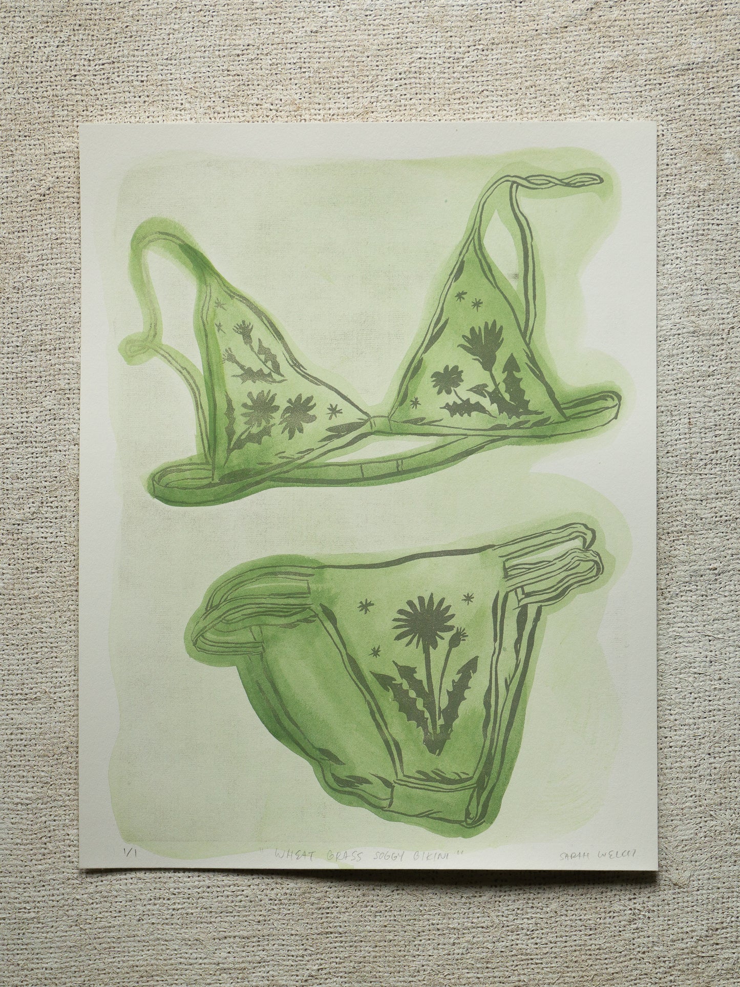 A print of a bikini set with floral designs and green washy color. Wheat Grass version.