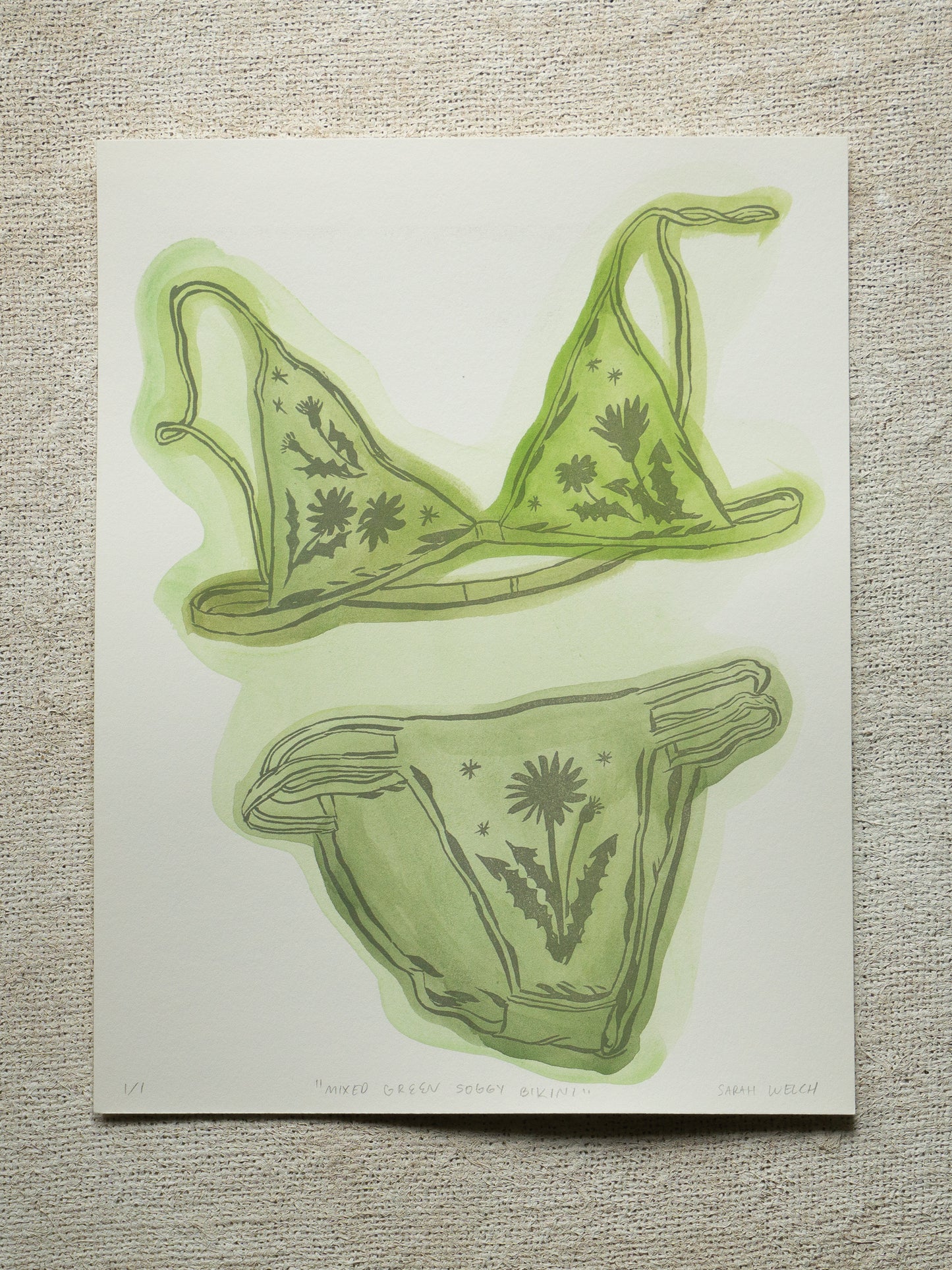 A print of a bikini set with floral designs and green washy color. Mixed Green version.