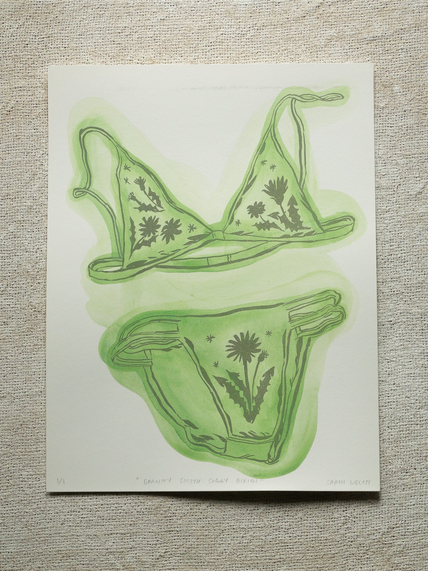 A print of a bikini set with floral designs and green washy color. Granny Smith version.