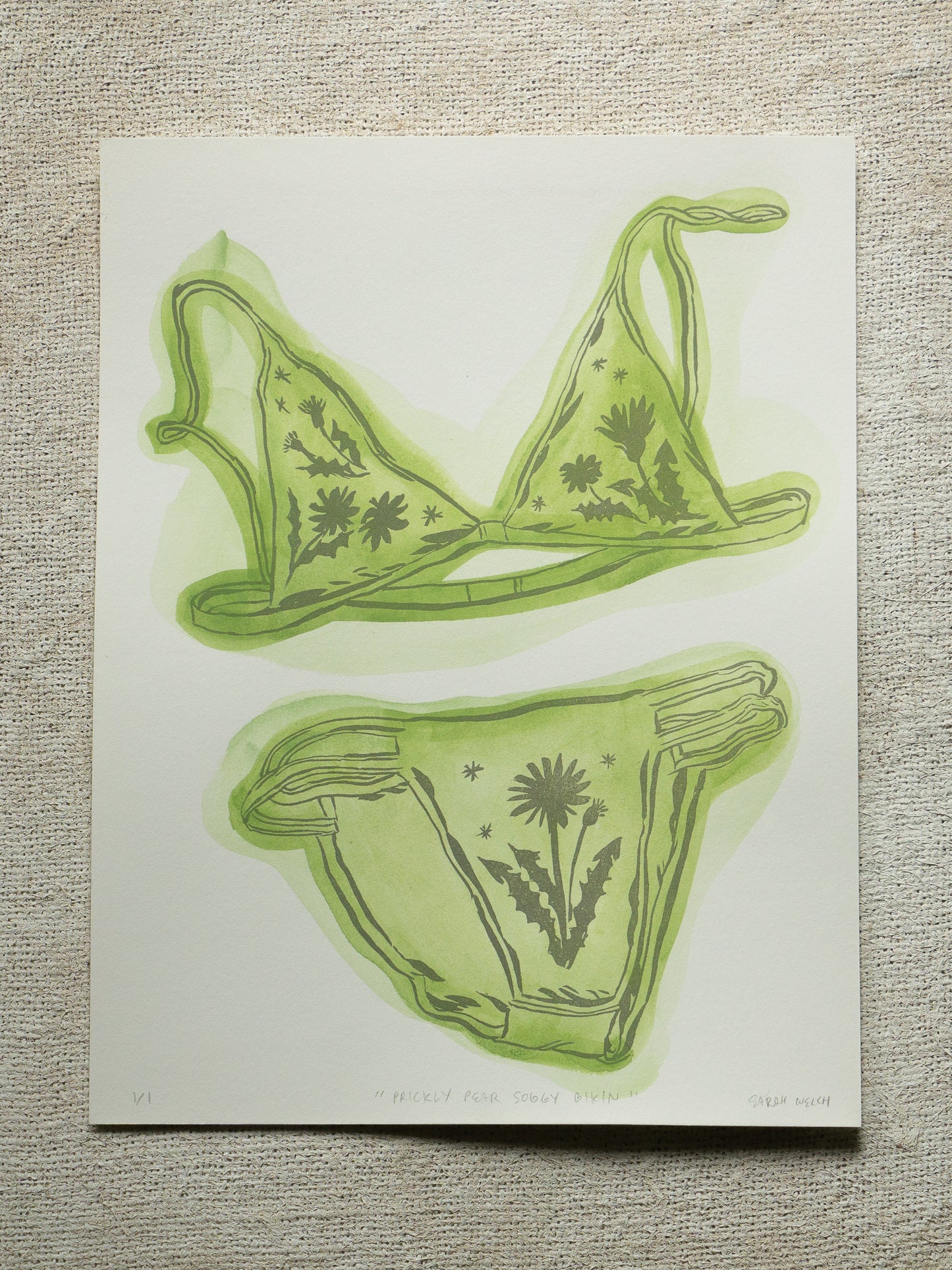 A print of a bikini set with floral designs and green washy color. Prickly Pear version.