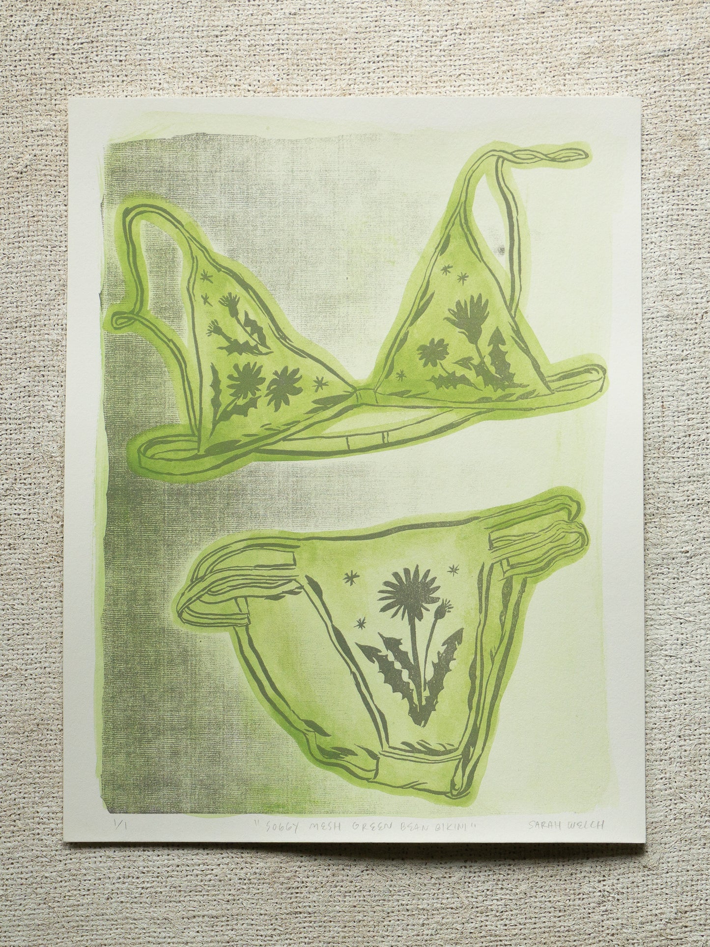 A print of a bikini set with floral designs and green washy color. Soggy Mesh version.