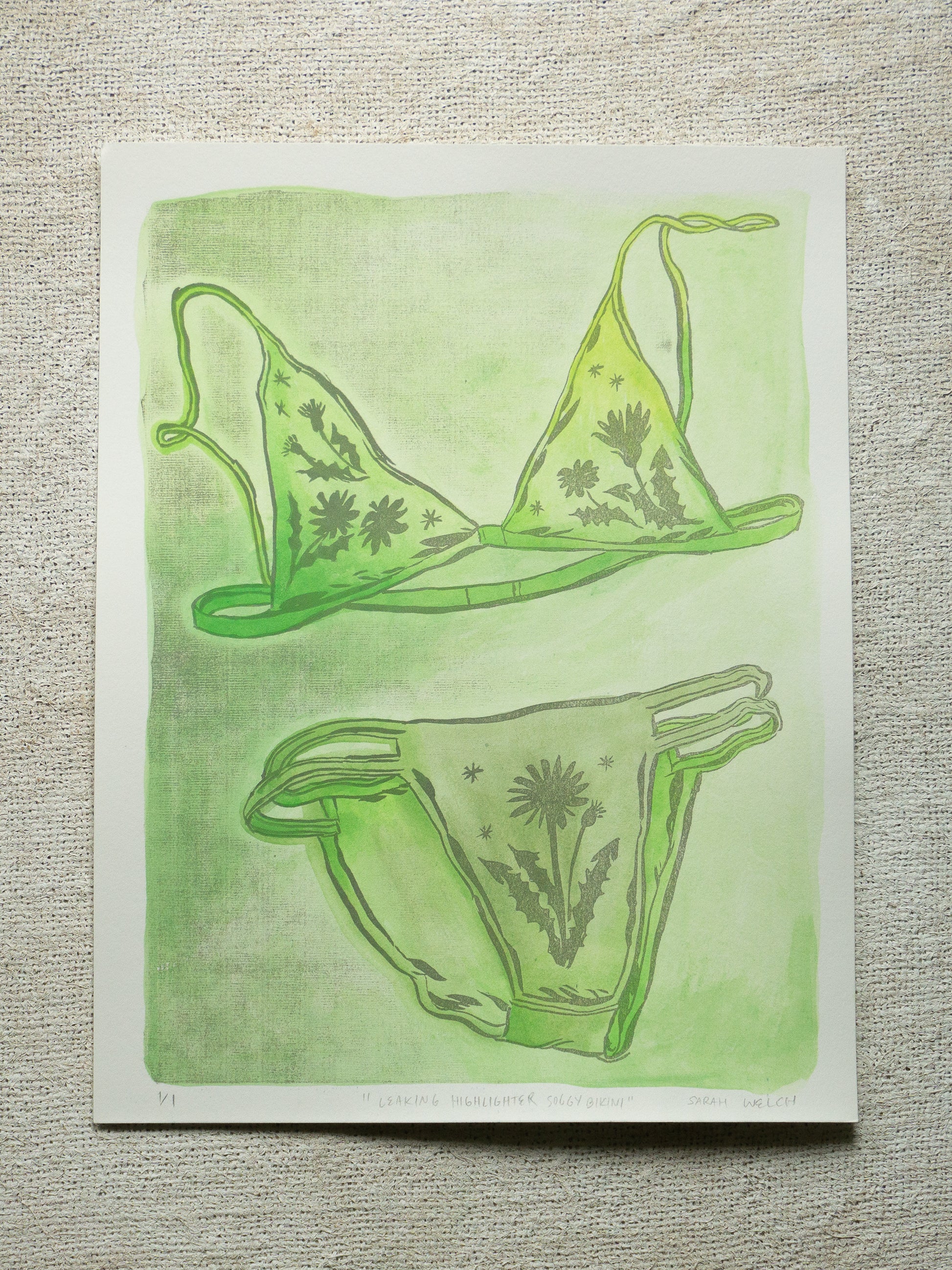 A print of a bikini set with floral designs and green washy color. Leaking Highlighter version.