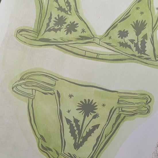 Video showing print of a bikini set with floral designs and green washy color.